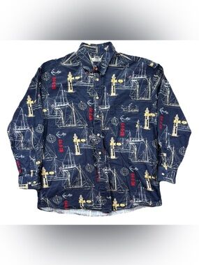 Vintage 90s Nautical Sailboat Button Up Long Sleeve Shirt Men's Large Blue AOP